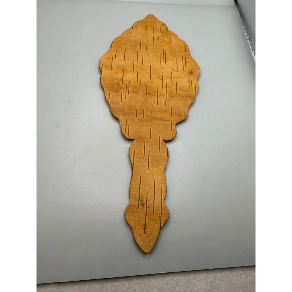 Vintage MCM Eastern European Hand Carved Birch Wood Hand Mirror 11.75